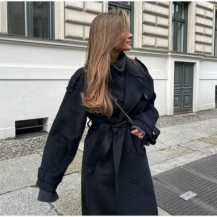 Modischer roter Herbstmantel lang für Damen, warmer Übergangsmantel