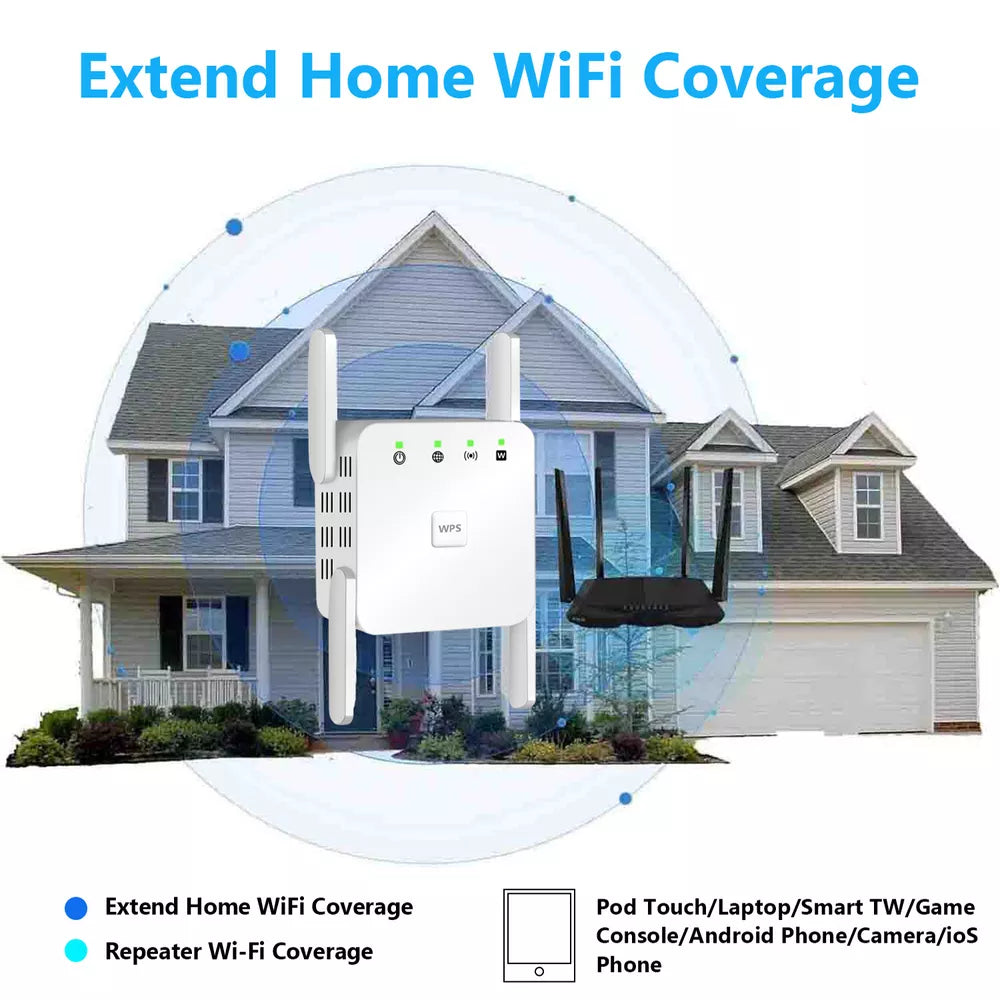 5G WiFi Repeater, 1200Mbps Signalverstärker, Dualband, vier Antennen, weiß, ideal für besseres WLAN-Signal zu Hause.