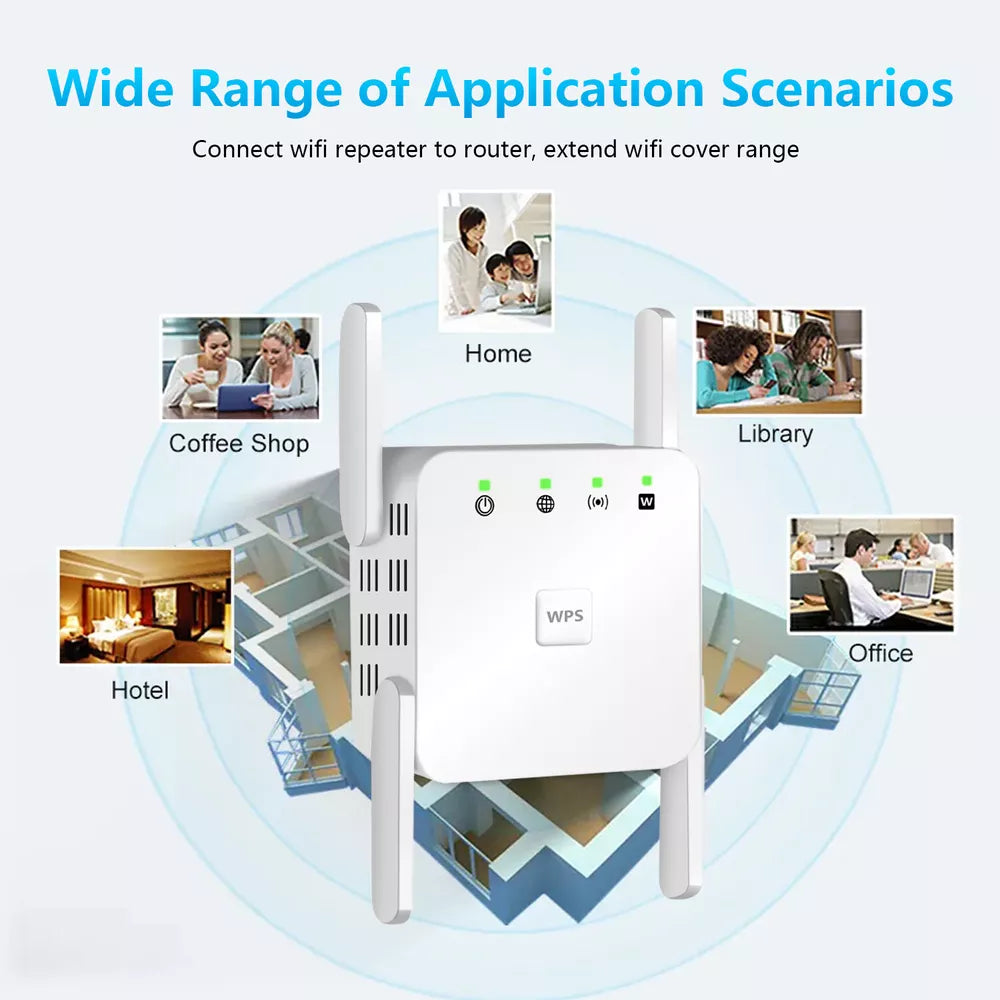 5G WiFi Repeater, 1200Mbps Signalverstärker, Dualband, vier Antennen, weiß, ideal für besseres WLAN-Signal zu Hause.