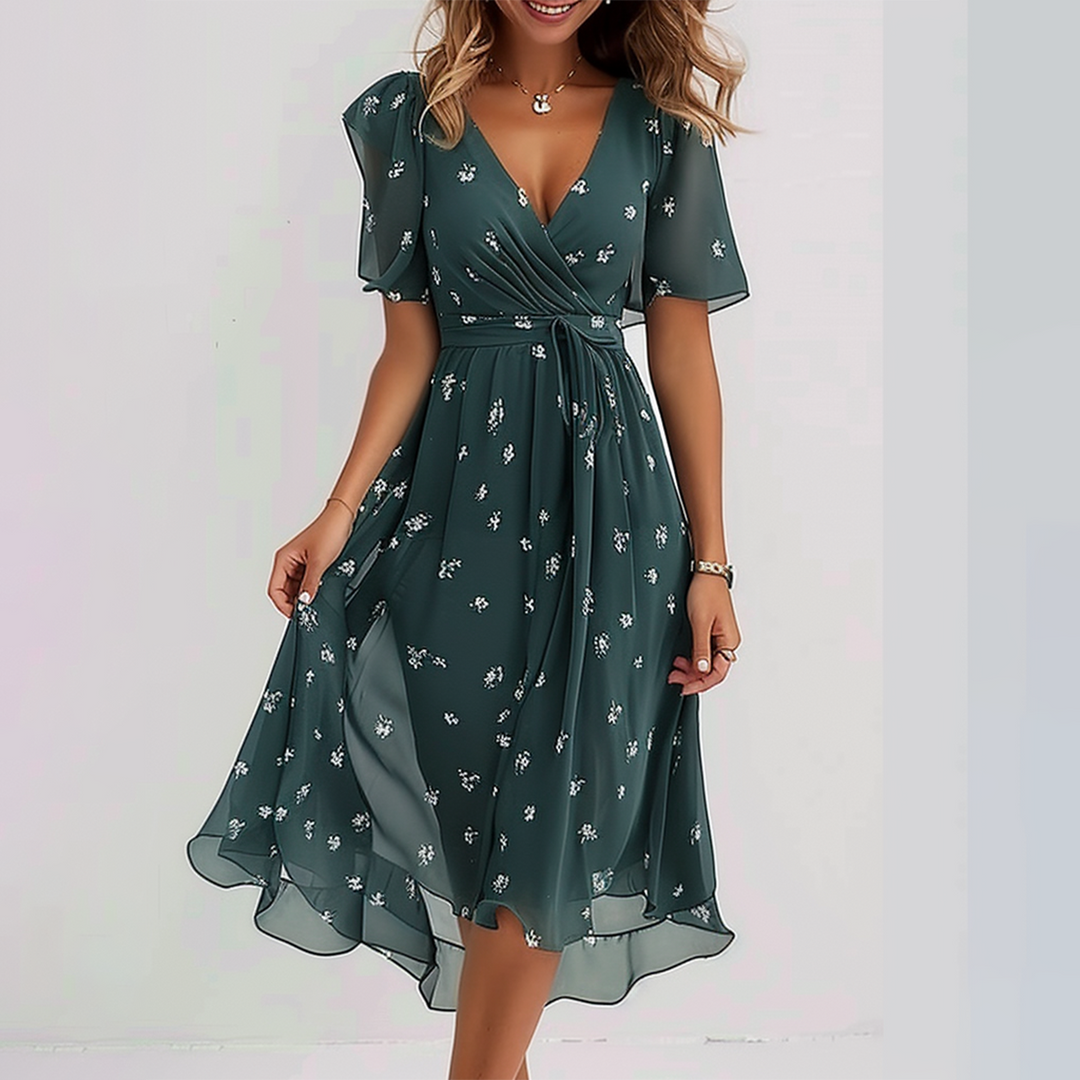 Damen Midikleid in Grün mit V-Ausschnitt und A-Linien-Schnitt