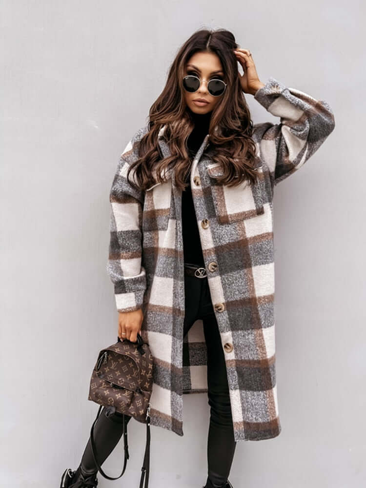 Damen Oversized Karo-Jacke: Langer Mantel