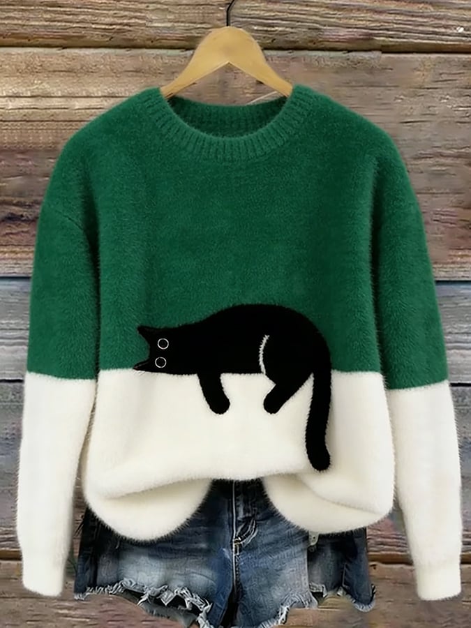 Kuscheliger Strickpullover für Damen mit niedlicher Katzenmuster Detailaufnahme