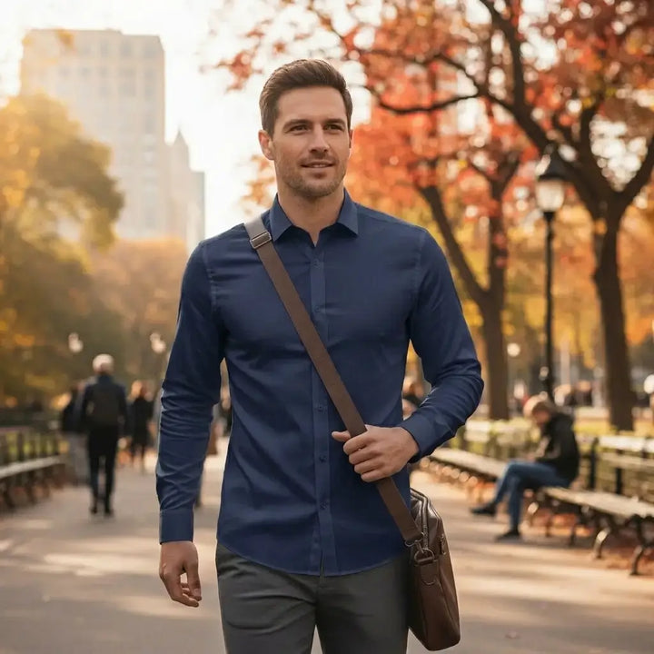 Marineblau - Herrenhemd mit Stretch, Atmungsaktivem Stoff und Knitterarmem Finish für den Herbst