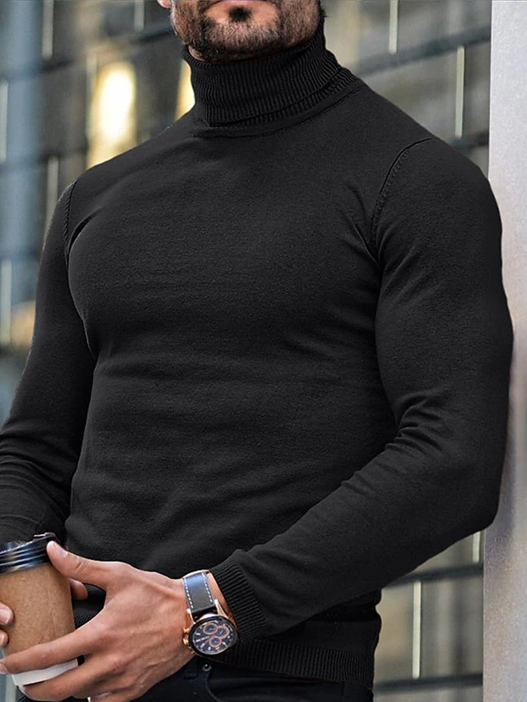 Herren Rollkragenpullover in Schwarz mit modernem Strickmuster