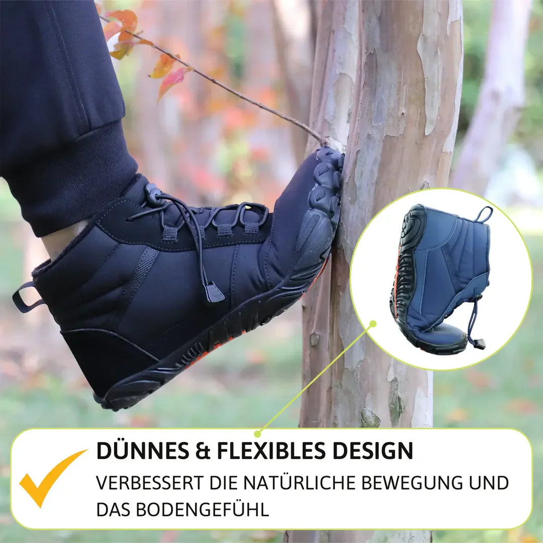 Funktionale Winter Barfußschuhe mit rutschfester Sohle und warmer Fütterung, ideal für den Schnee.
