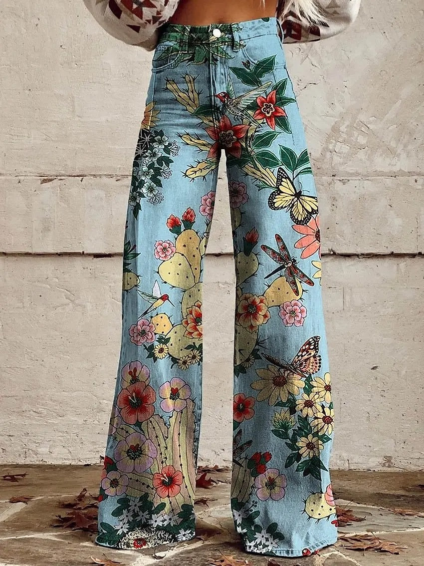 Damen Schlagjeans mit elegantem Blumenmuster – Perfekter Boho-Chic