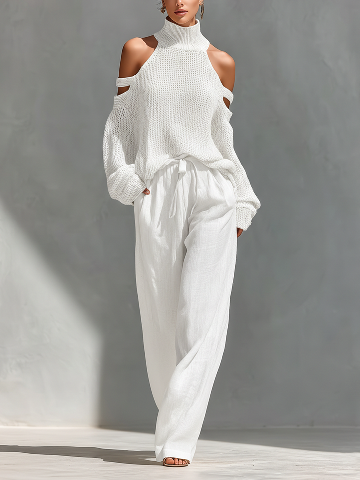 Damen Strick-Off-Shoulder-Top und weite Hosen in Weiss getragen vom Model