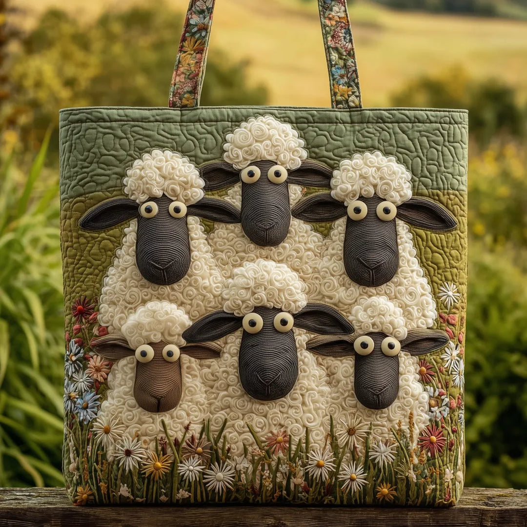 Damen Handtasche mit künstlerischem Schaf-Motiv und Blumenstickerei