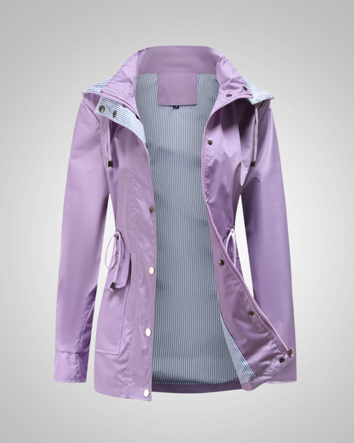 Stilvolle Regen-Windjacke für Damen mit Kapuze und Kordelzug, ideal für den Alltag.