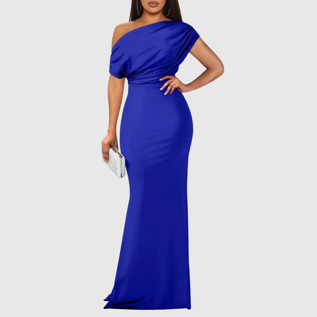 Fließendes, elegantes Damen Abendkleid, ein-schulter, perfekt für festliche Abende.