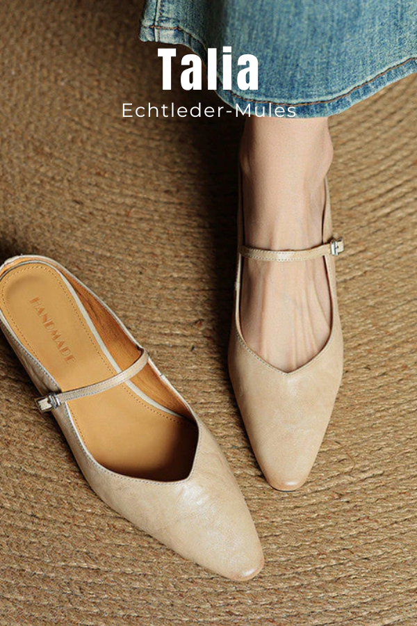 Seitenansicht der spitzen Damen Pantoletten, Mary Jane Stil, mit sicherem Riemen & rutschfester Sohle.