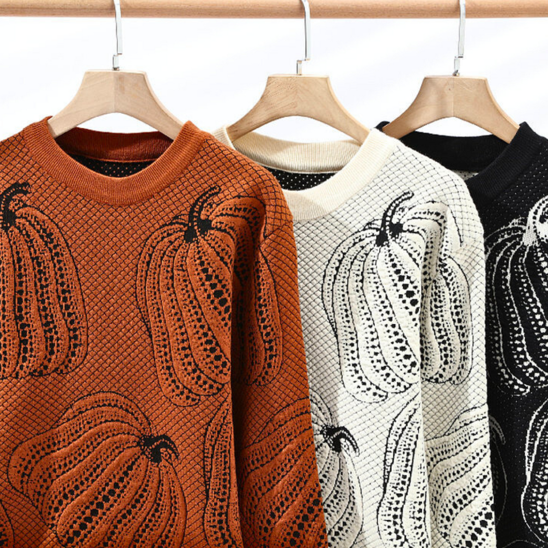 Herren Strickpullover in Herbstmode mit Kürbis-Motiv und bequemem Rundhals