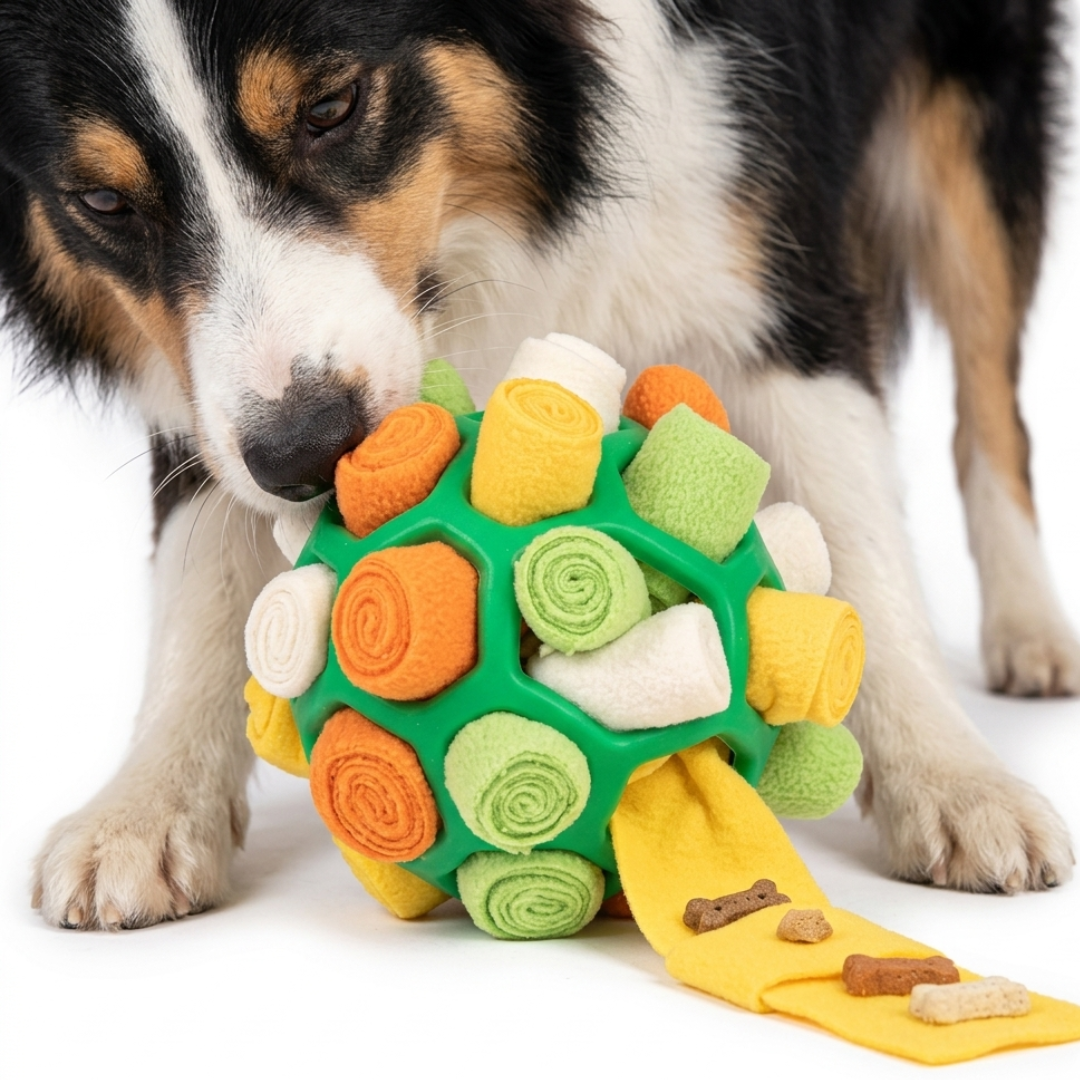 Hochwertiger Fleece Schnüffelball für Hunde, mit Riemen für anspruchsvolle Nasenarbeit & Kauspiel.