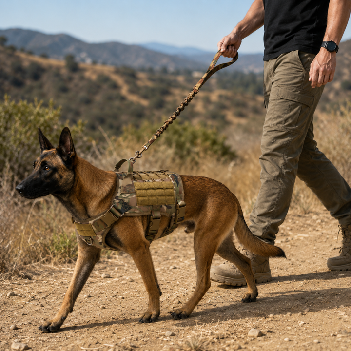 Hund mit taktischem Camouflage-Geschirr und Leine beim Spaziergang im Gelände.
