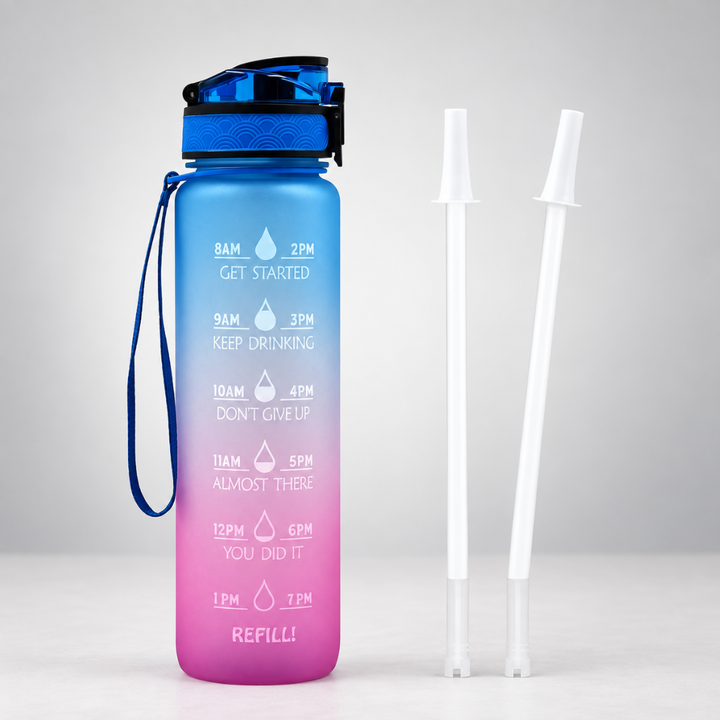 Schicke Farbverlauf Motivations-Wasserflasche 1L mit Zeitstempeln, BPA-frei, unisex, für Hydration.