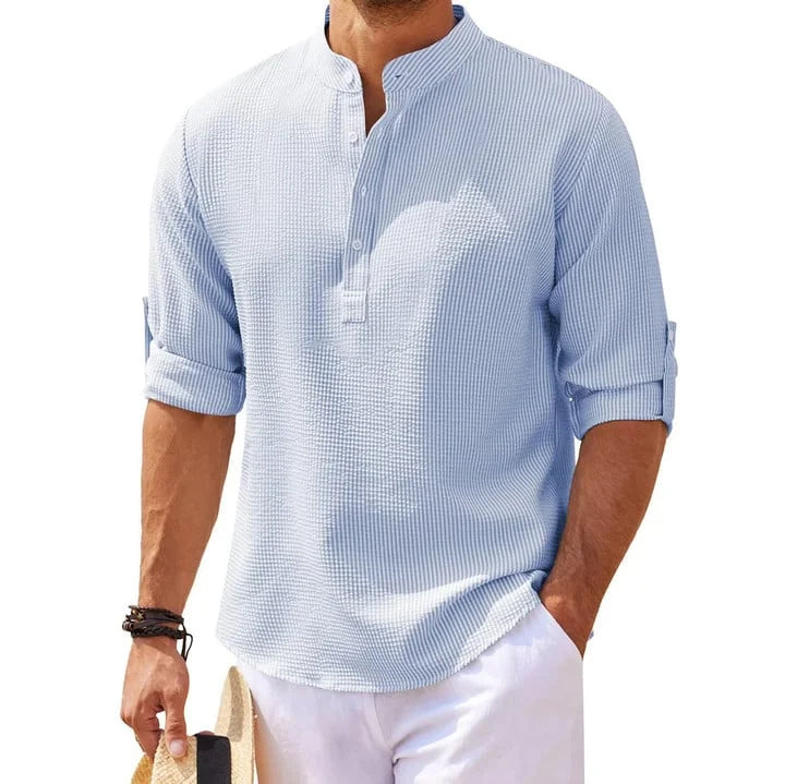 Herren Langarmshirt mit Stehkragen in klassischer Ansicht, modisches Casual Oberteil