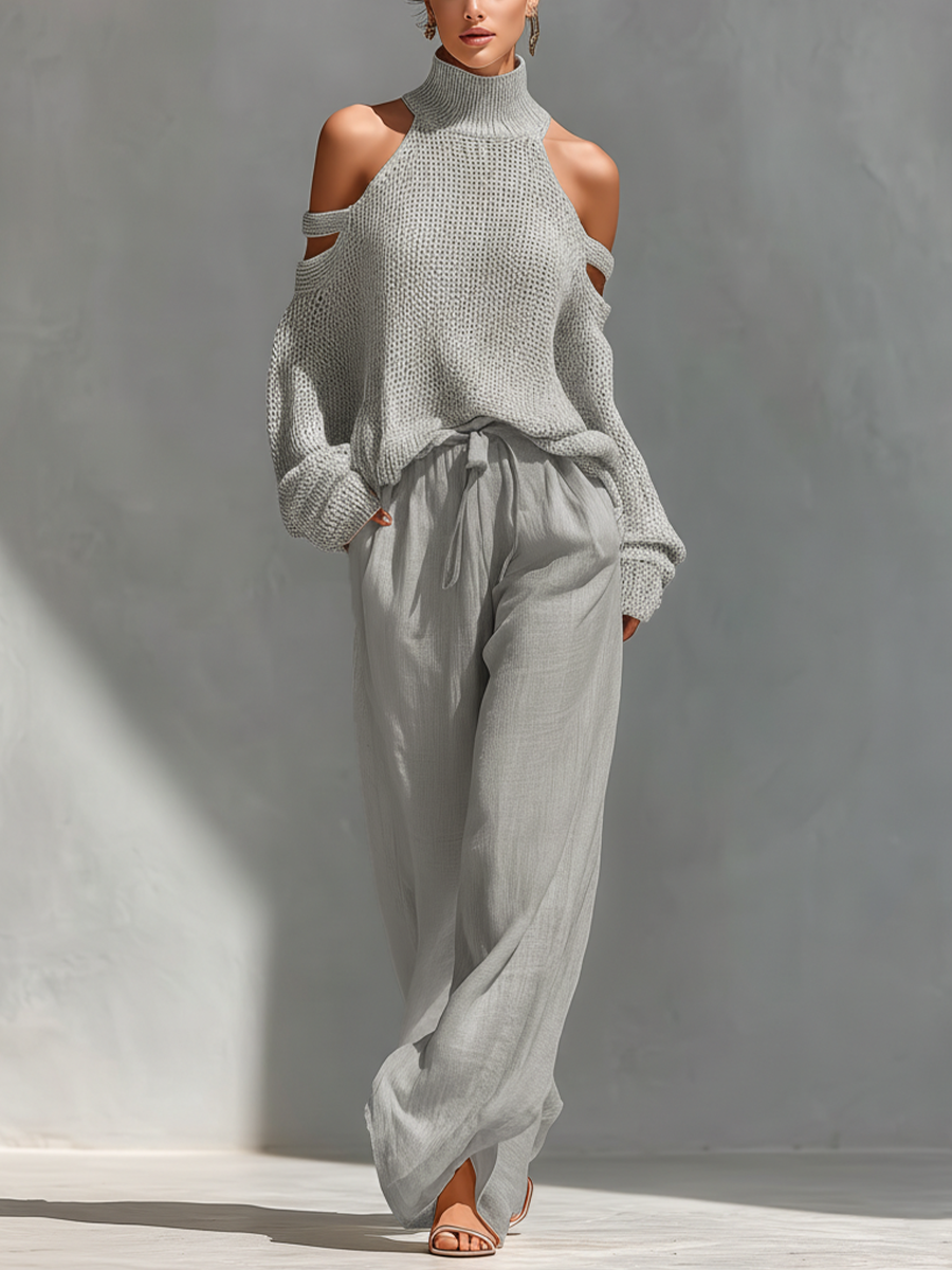 Damen Strick-Off-Shoulder-Top und weite Hosen in Grau im eleganten Look