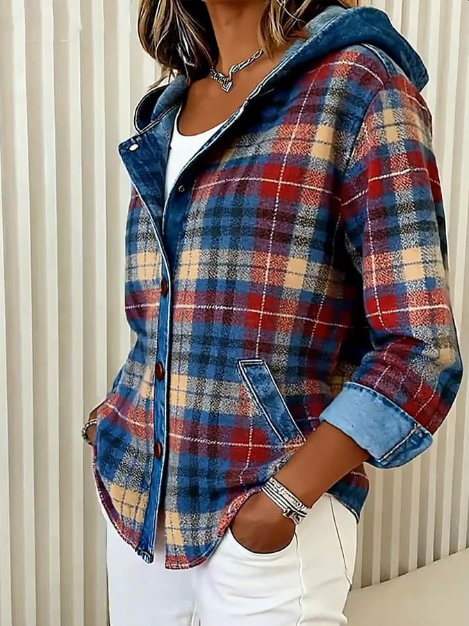 Damen Karojacke mit Kapuze, stilvolle Übergangsjacke für den Alltag