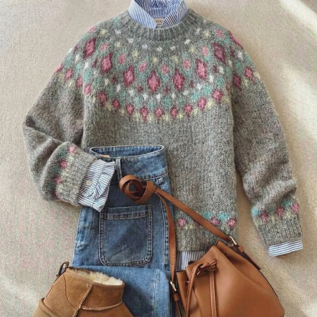 Langarm Wintermode Strickpullover mit norwegischem Jacquard-Muster
