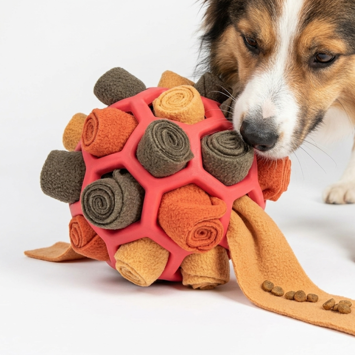 Widerstandsfähiger Schnüffelball mit Riemen aus Fleece, perfekt für interaktive Leckerlisuche & Zerrspiel.