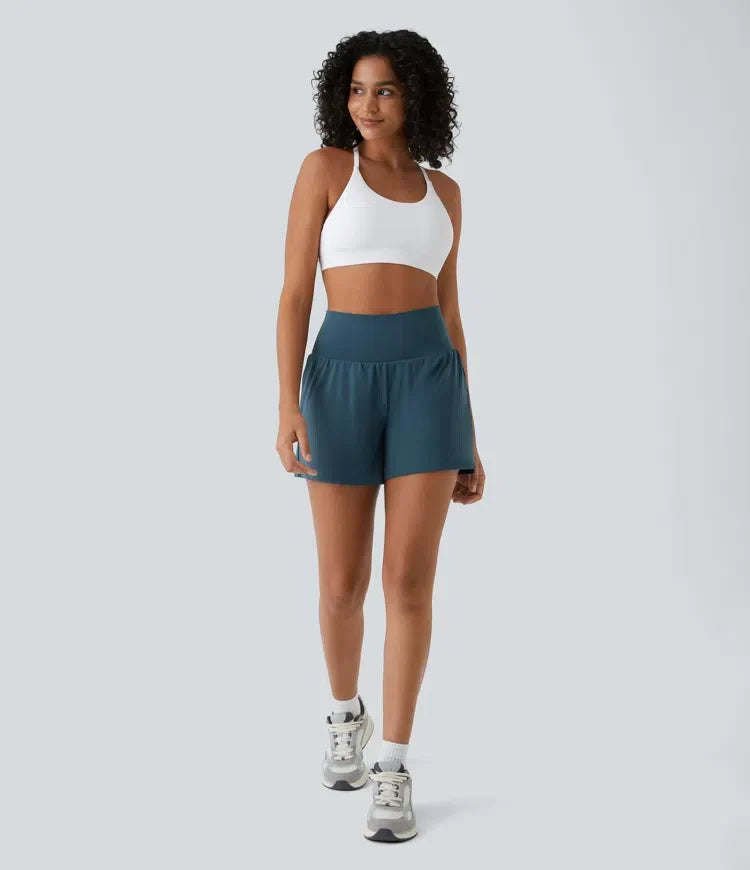 Damen 2-in-1 Yoga Shorts in Schwarz mit hohem Bund für Fitness und Workout