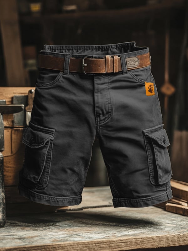 Robuste Herren Retro Cargoshorts in Grau mit Mehrfachtaschen, ideal für Freizeit & Outdoor-Aktivitäten.