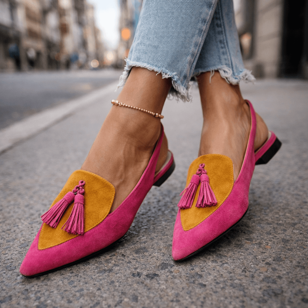 Sommerschuhe für Damen: Slingbacks mit flacher Sohle und Quasten-Verzierung