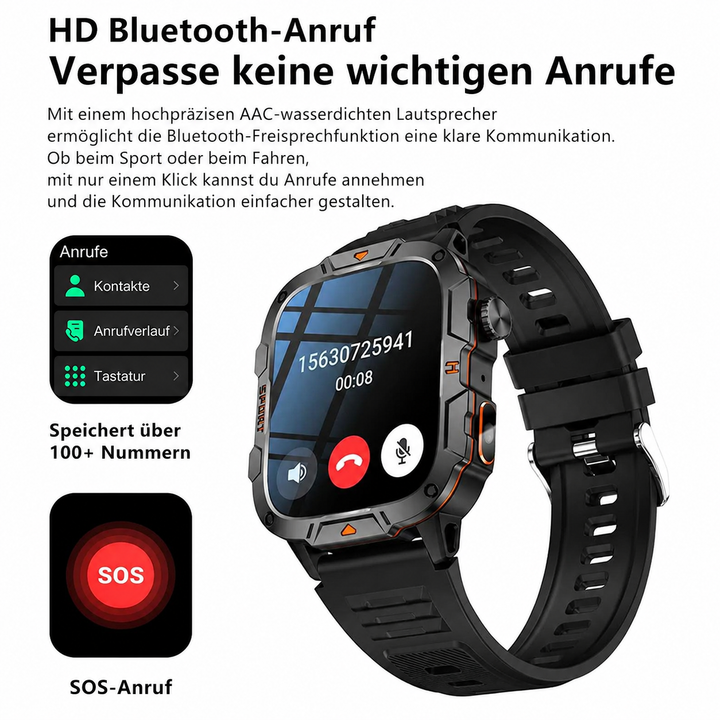 Robuste Bluetooth-Smartwatch mit Gesundheitsmonitoring & IP68-Schutz