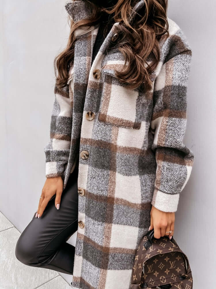 Damen Oversized Karo-Jacke: Langer Mantel