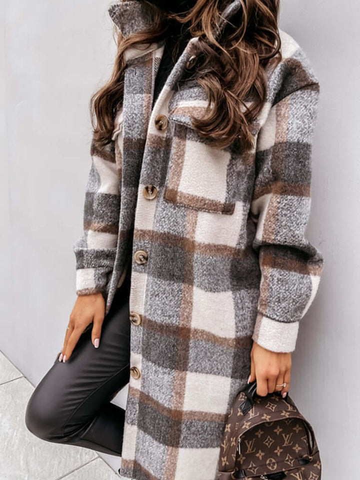 Damen Oversized Karo-Jacke: Langer Mantel