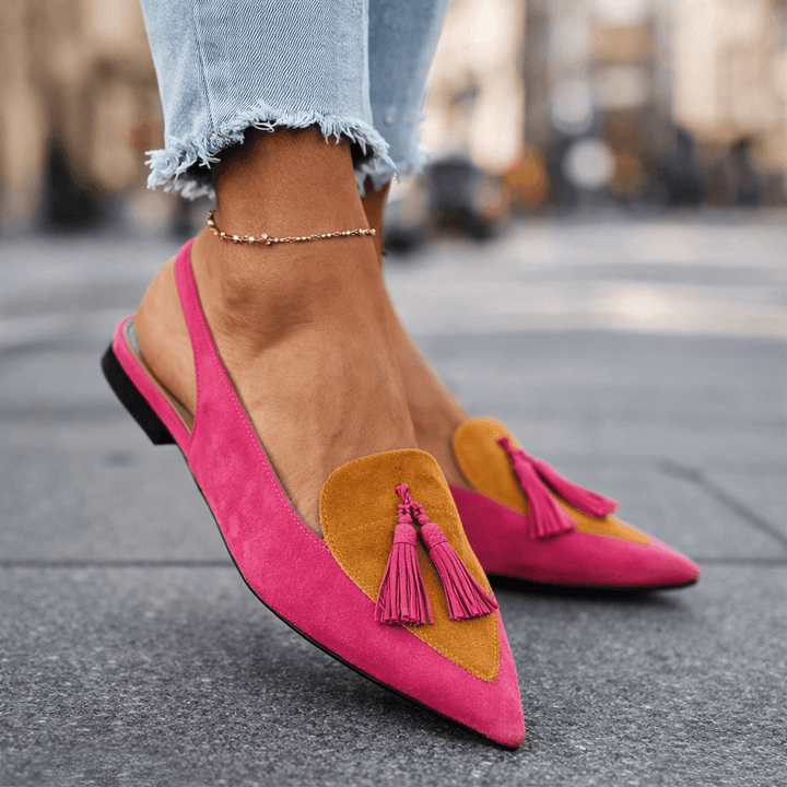 Stilvolle flache Damen-Sandalen in Pink und Senfgelb