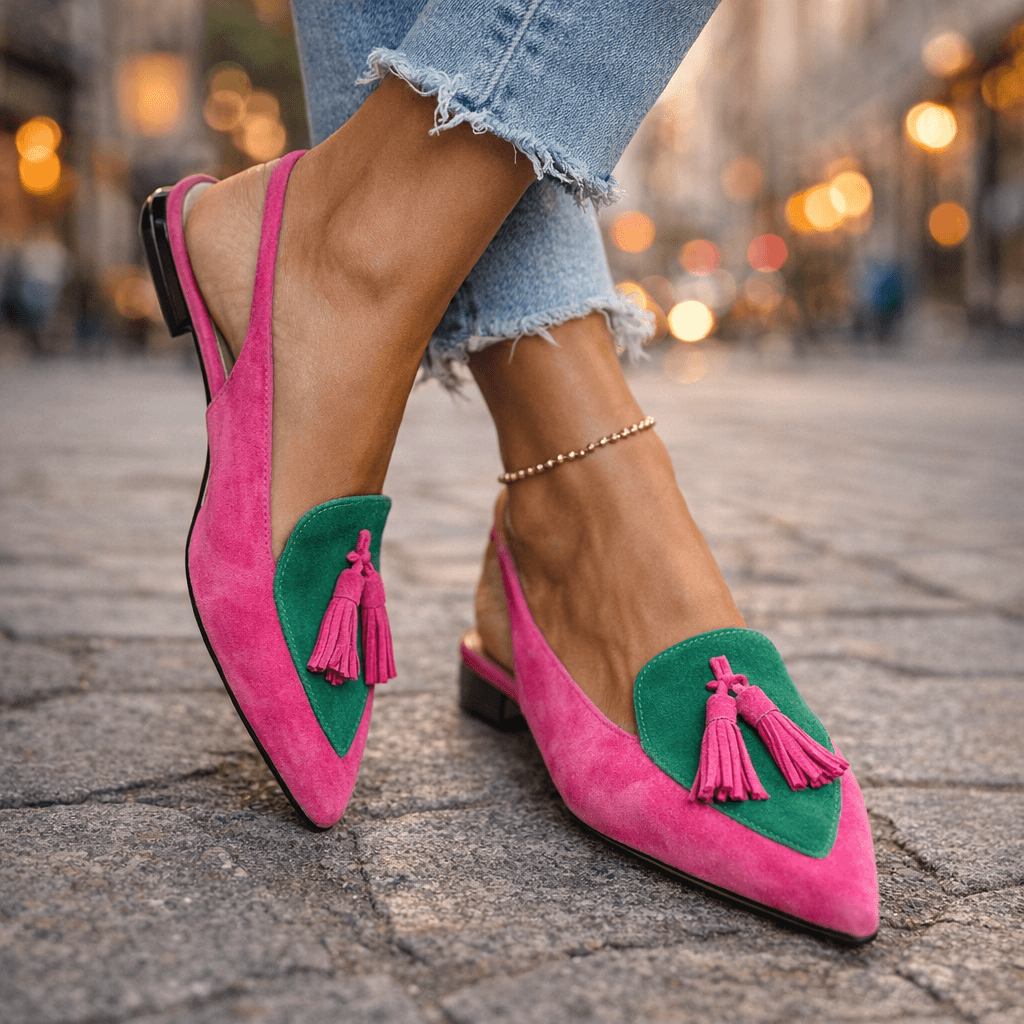 Damen Riemchen-Sandalen in Pink und Grün mit Quasten am Fuß
