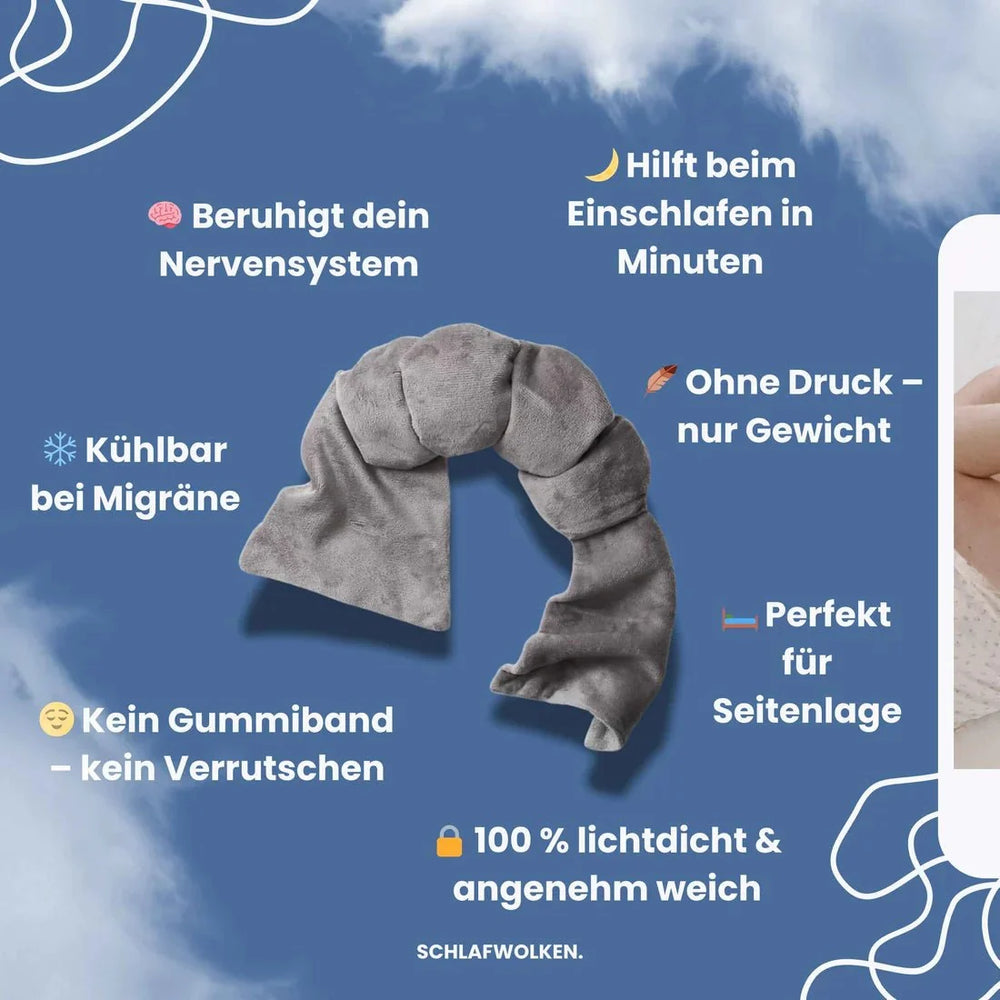Weiche, gewichtete Schlafmaske aus Samtstoff für ultimativen Komfort und verbesserte Schlafqualität. Ideal für Zuhause & Reisen.