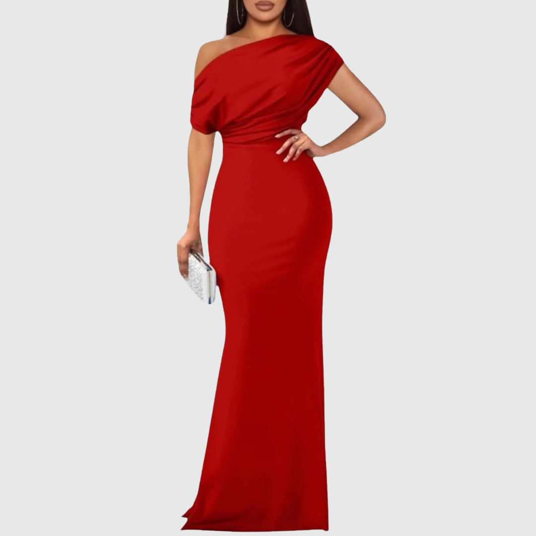 Langes, festliches Damen Gala-Kleid, ein-schulter, ideal für gehobene Veranstaltungen.