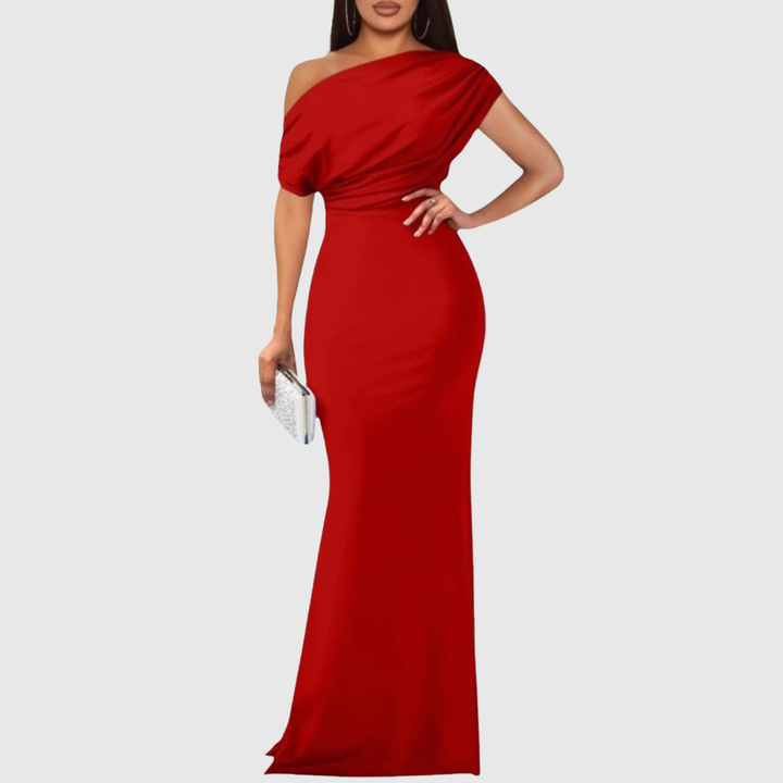 Langes, festliches Damen Gala-Kleid, ein-schulter, ideal für gehobene Veranstaltungen.