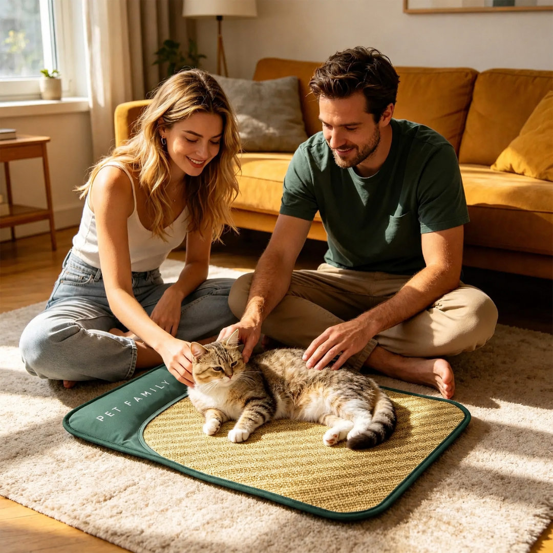 Grüne Katzen Kühlmatte mit Kissen, atmungsaktiv, perfekt für den Sommerkomfort der Haustiere.