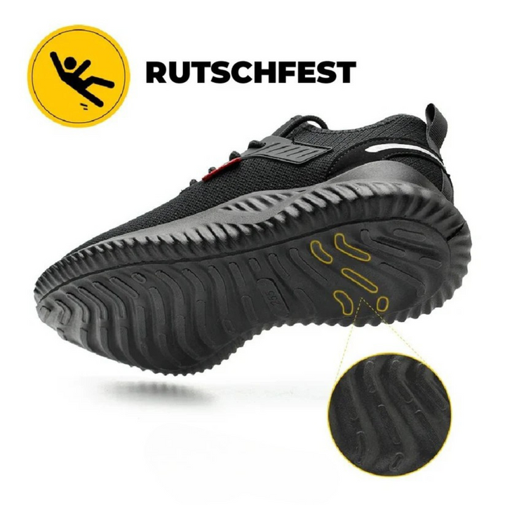 Nahaufnahme des widerstandsfähigen Ledermaterials der Herren Schutzschuhe, robust für Outdoor-Einsätze.