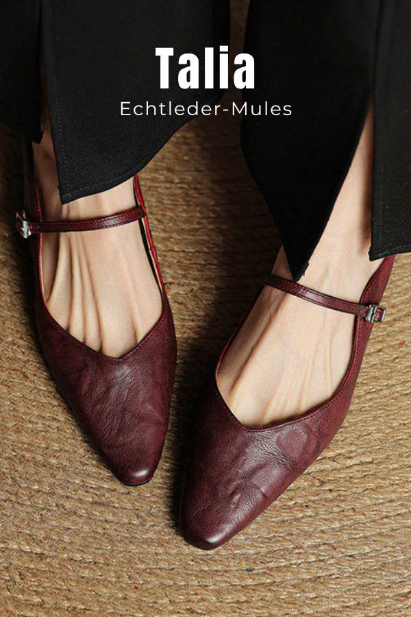 Moderne Damen Pantoletten, spitz zulaufend, im Mary Jane Design. Rutschfeste Sohle für sicheren Auftritt.
