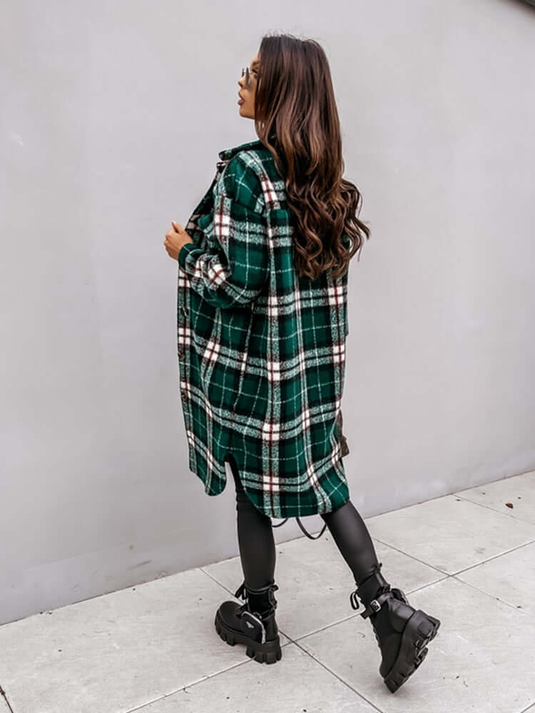 Damen Oversized Karo-Jacke: Langer Mantel
