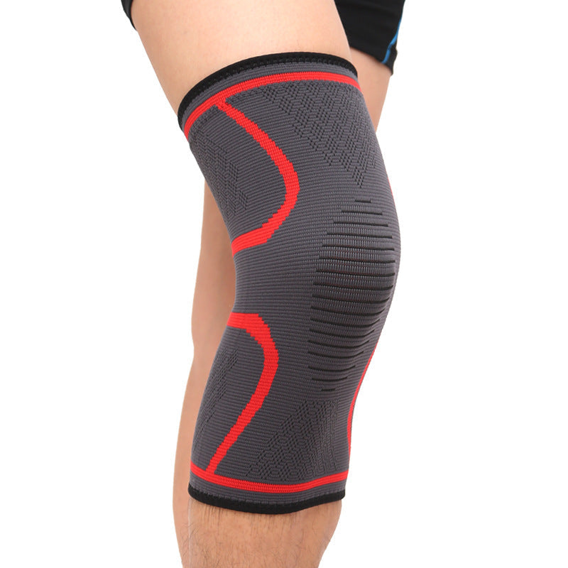 Sportliche Kniekompressionsbandage in Grau mit rotem Muster für sicheren Halt