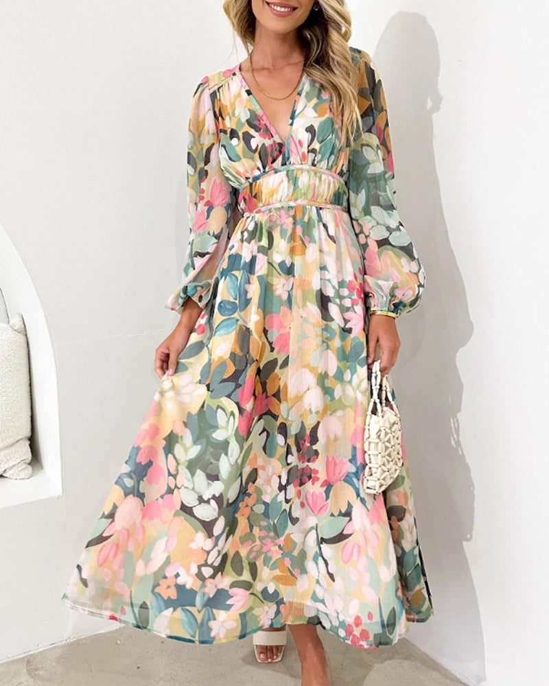Damen Blumenkleid in Grün mit floralem Muster und langen Ärmeln
