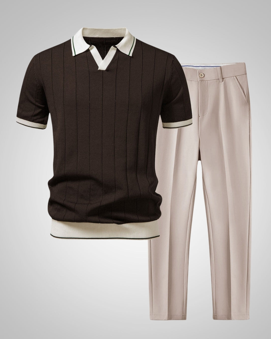 Stylisches Herren-Zweiteiler mit Strick-Poloshirt & passender Hose. Ideal für Freizeit & Business Casual.