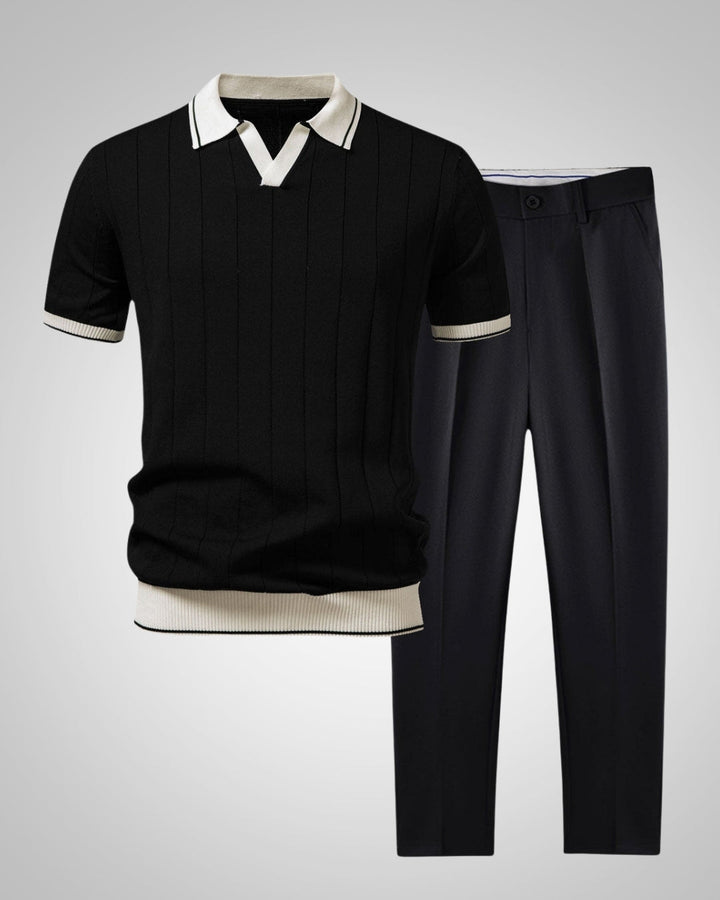 Komfortables Herren Strickpolo-Hosen-Set, perfekt als Sommeroutfit. Moderner Zweiteiler für Männer.