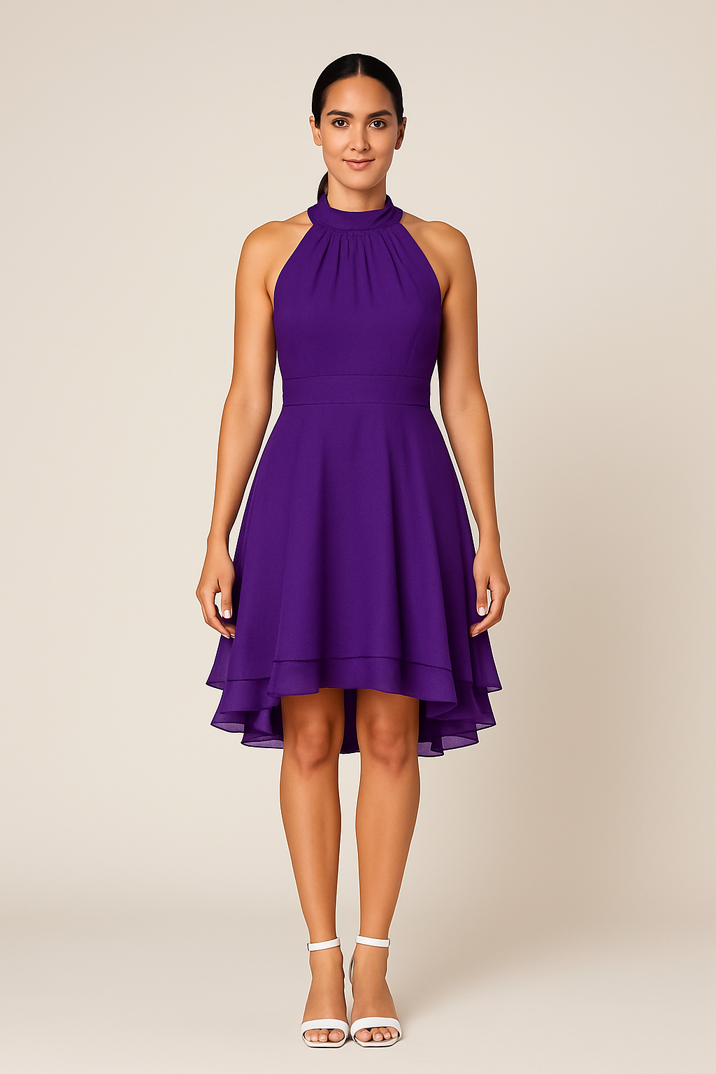 Urlaubstaugliches Damenkleid: Bequemer Neckholder und schwingender High-Low Stufenrock. Feminin & sommerlich.