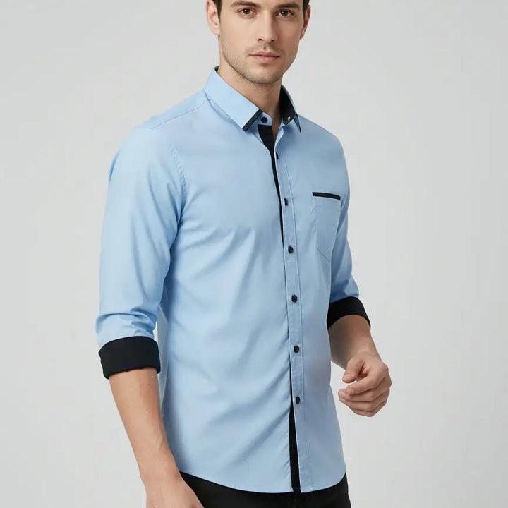 Hellblau - Herren Businesshemd Herbst Slim Fit Langarm Gestreift Bügelfrei