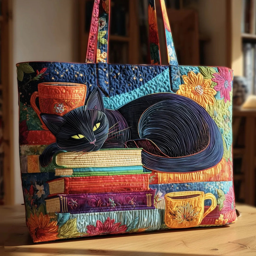 Handgemachte Tragetasche mit schwarzer Katze, Büchern und Tassen