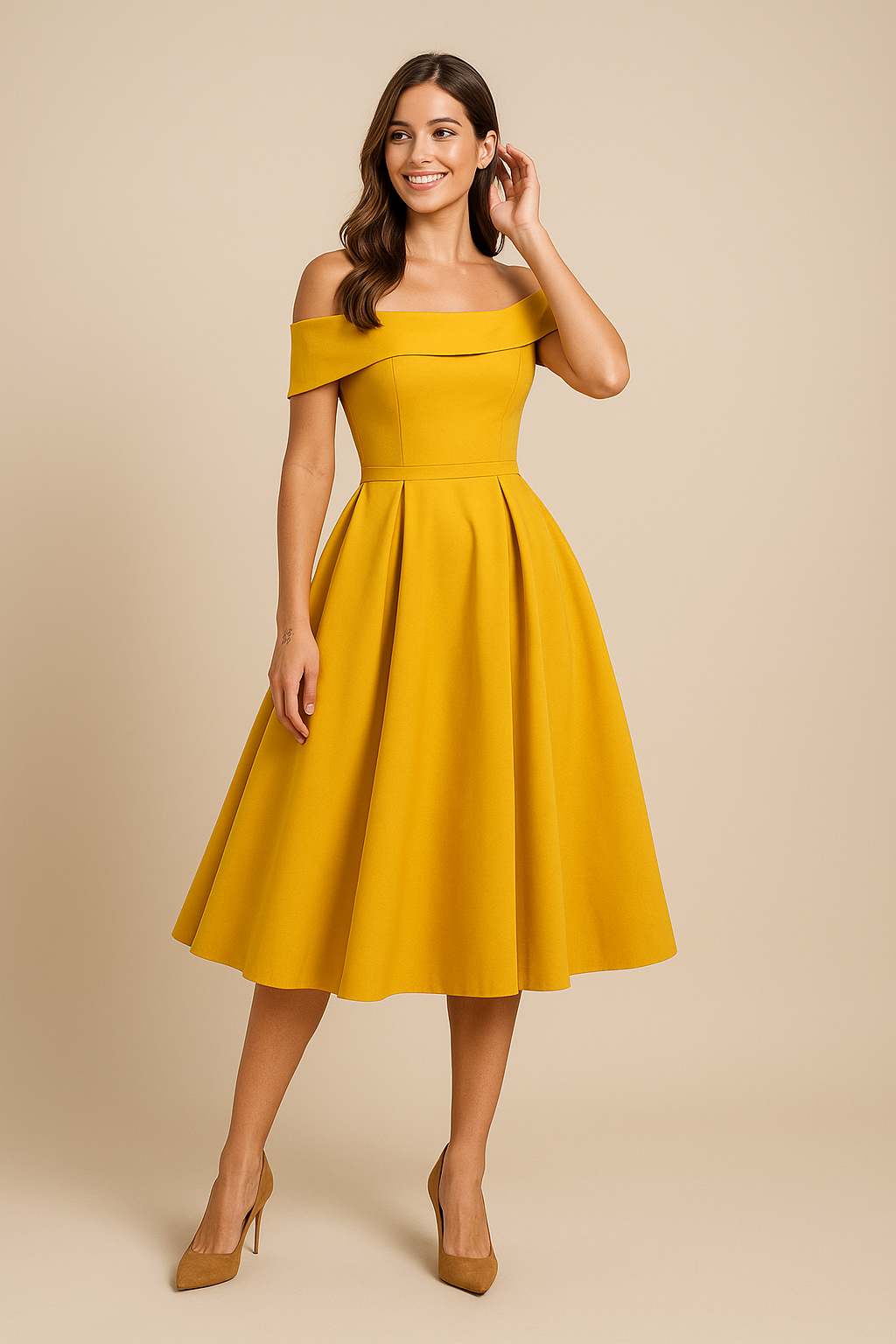 Damen A-Linien Kleid in Gelb, schulterfrei und elegant