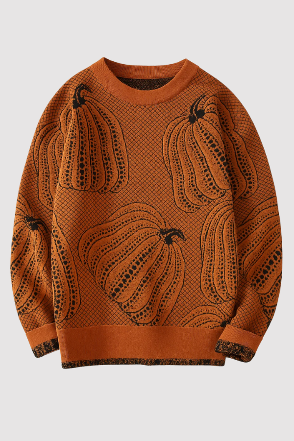 Oranger Herren Strickpullover mit aufwendigem Kürbis-Muster