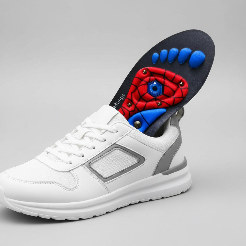 Akupressur Einlegesohle platziert in einem weißen Sneaker