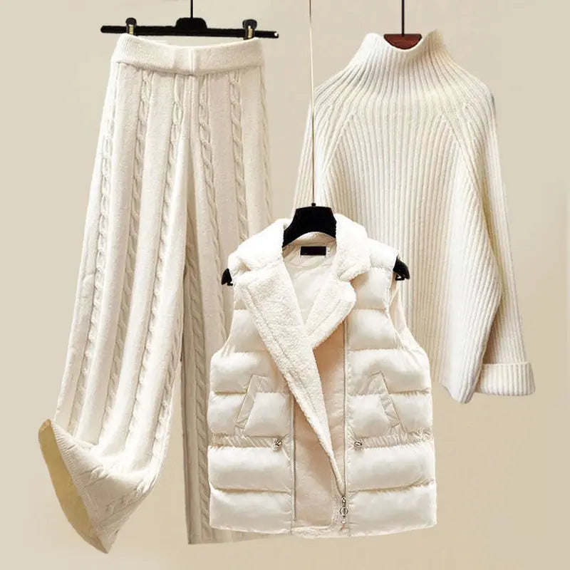 Elegantes Damen Strick-Winterset mit Rollkragenpullover, weiter Hose und Steppweste. Perfekt für Stil & Wärme im Büro.